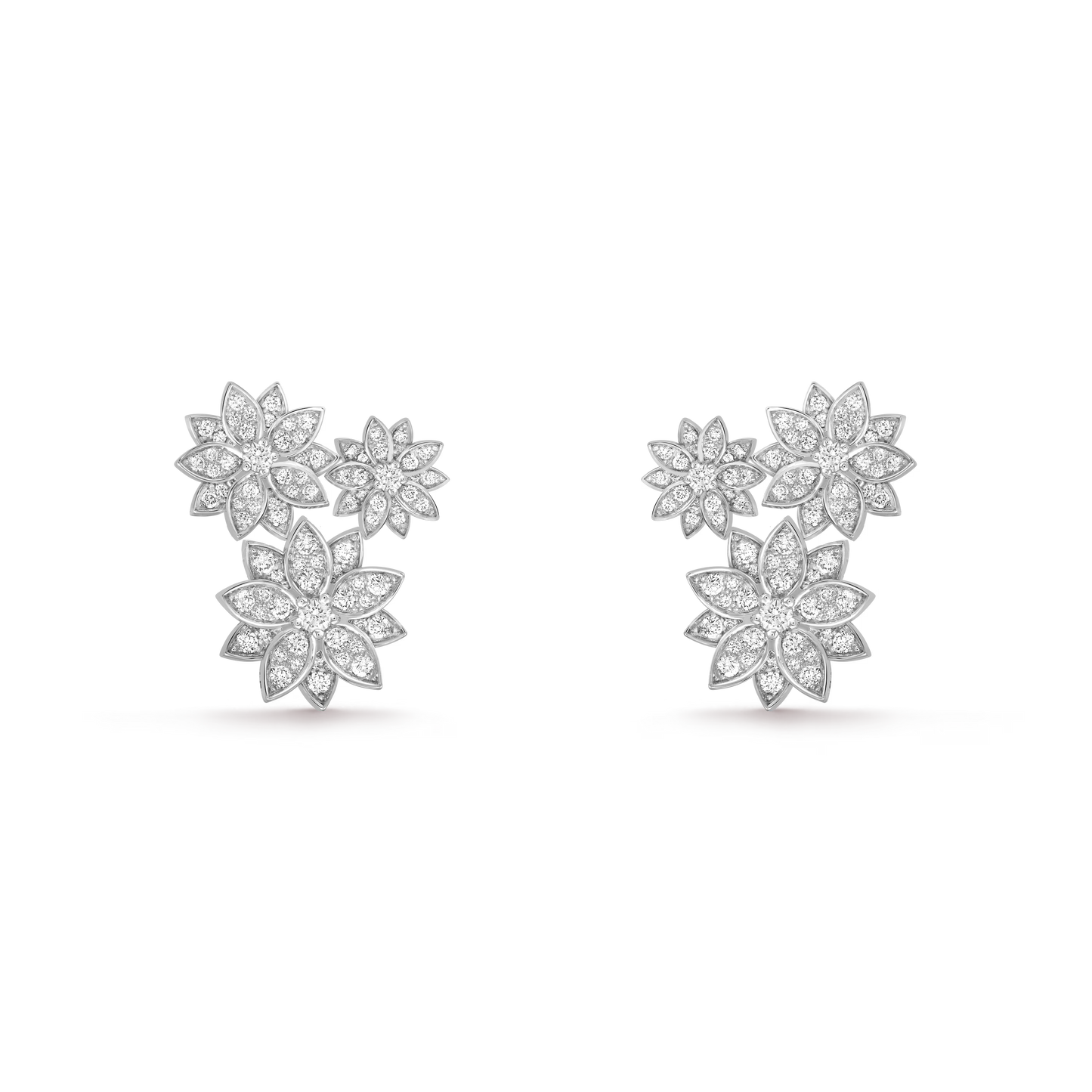 Lotus earrings, 3 flowers, rhodium plated 18K white gold, round diamonds.