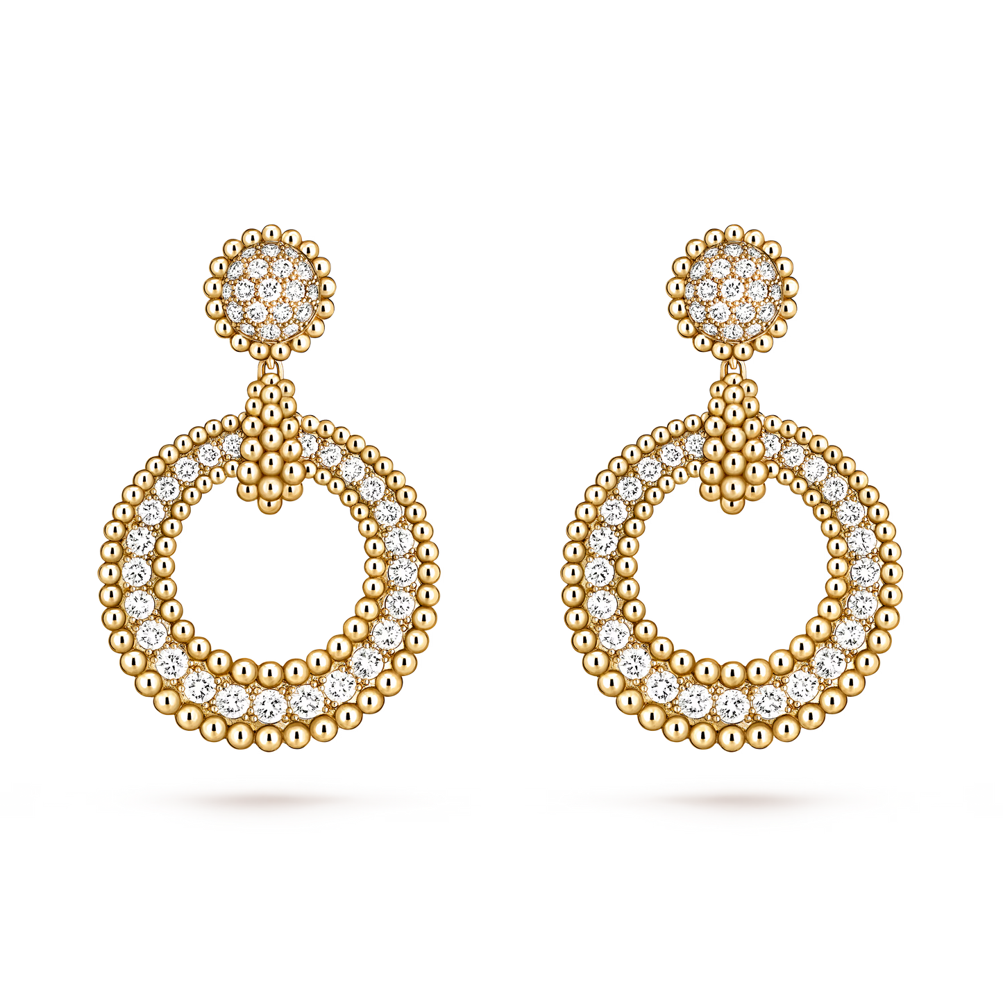Perlée diamonds earrings, 18K yellow gold, round diamonds.