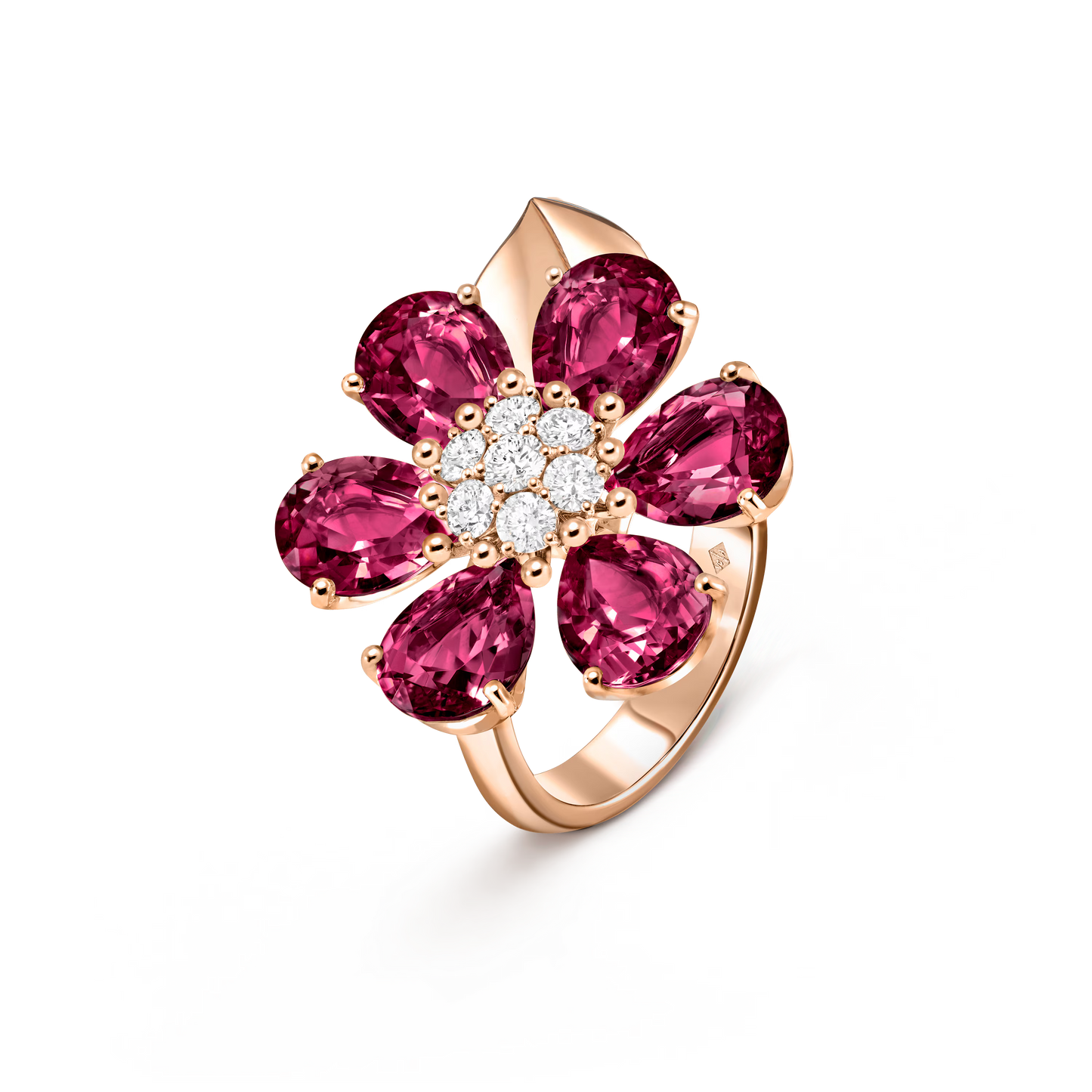 Fleurs d’Hawaï ring, large model, 18K rose gold, rhodolites, round diamonds.