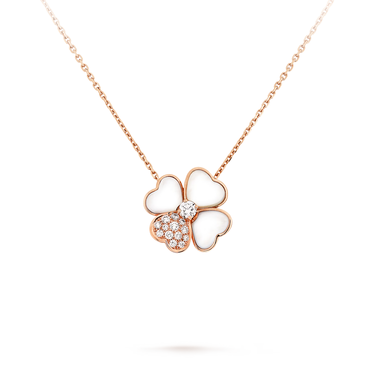 Cosmos medium model clip pendant, 18K rose gold, white mother-of-pearl, round diamonds.