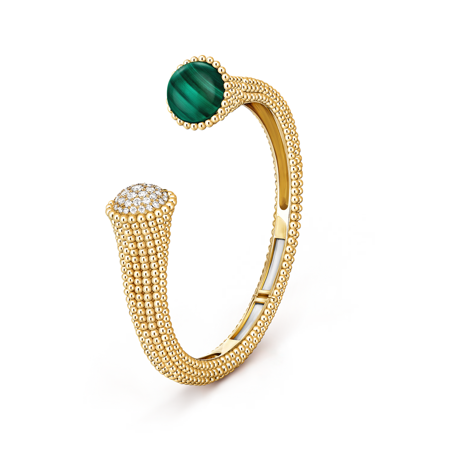 Perlée couleurs bracelet, 18K yellow gold, malachite, round diamonds, medium model.