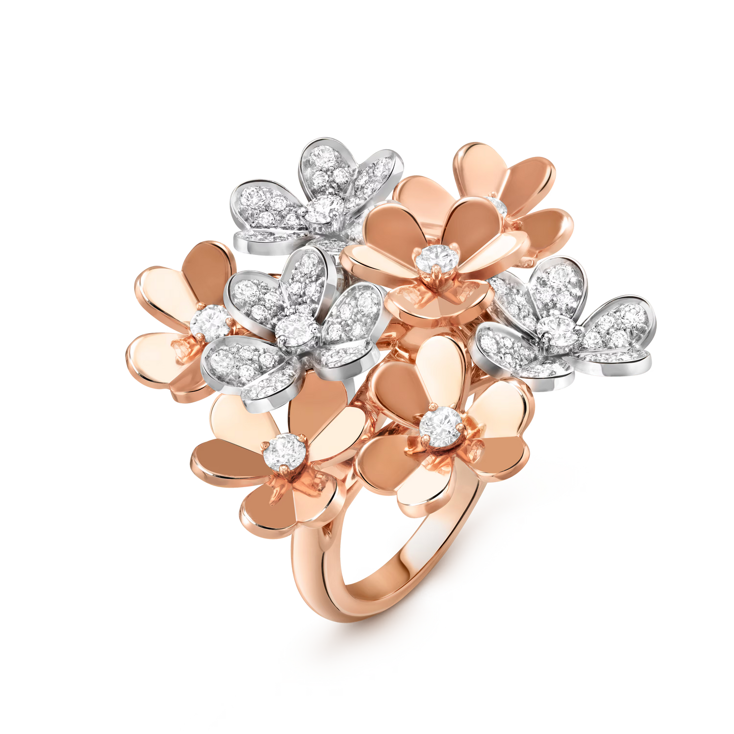 Frivole ring, 8 flowers, 18K rose gold, rhodium-plated 18K white gold, round diamonds.