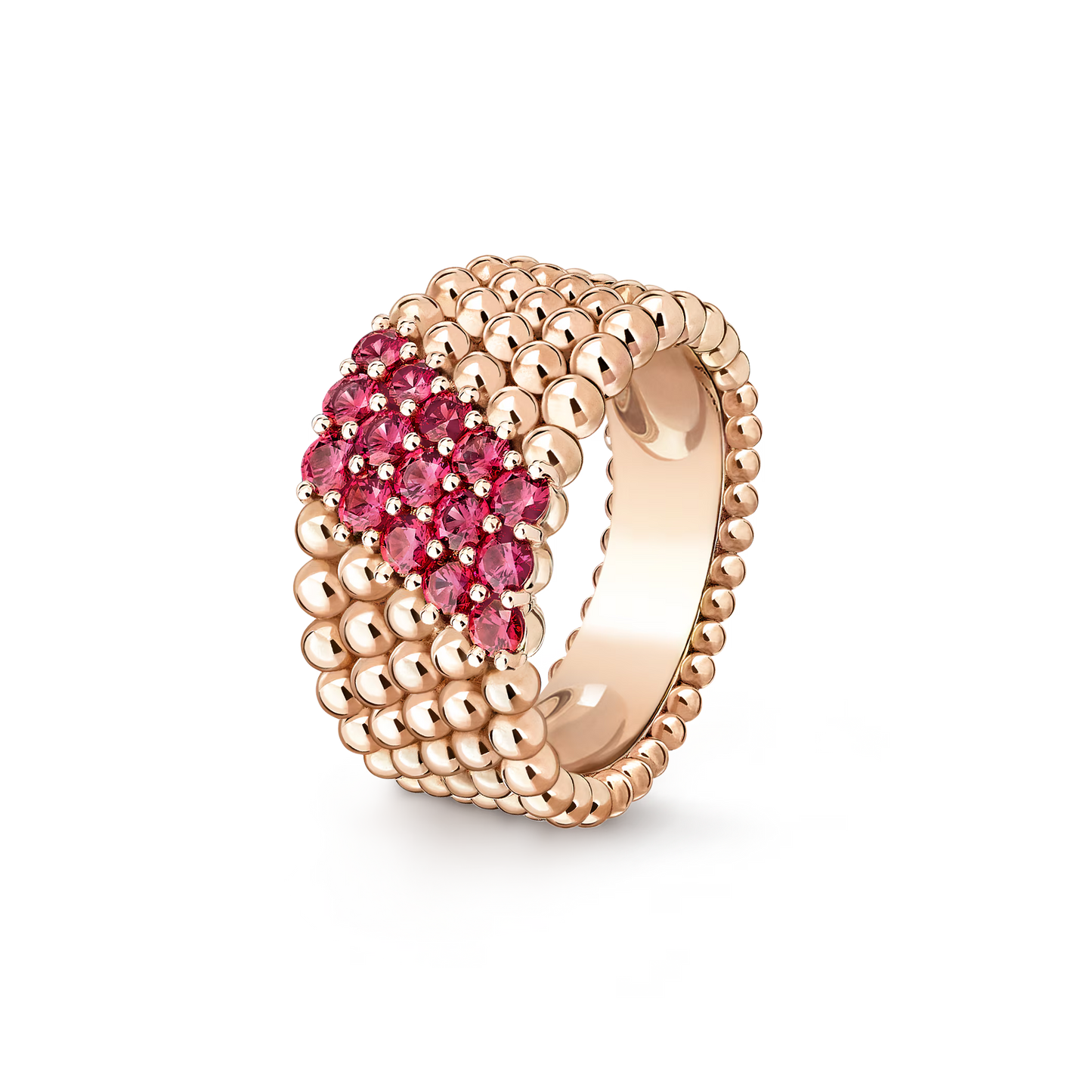 Perlée couleurs ring, 5 rows, 18K rose gold, round rubies.