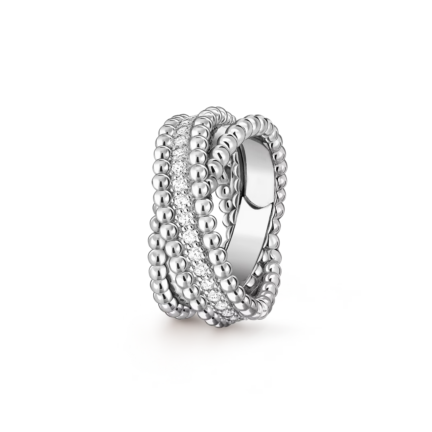 Perlée diamonds duo ring, rhodium plated 18K white gold, round diamonds.