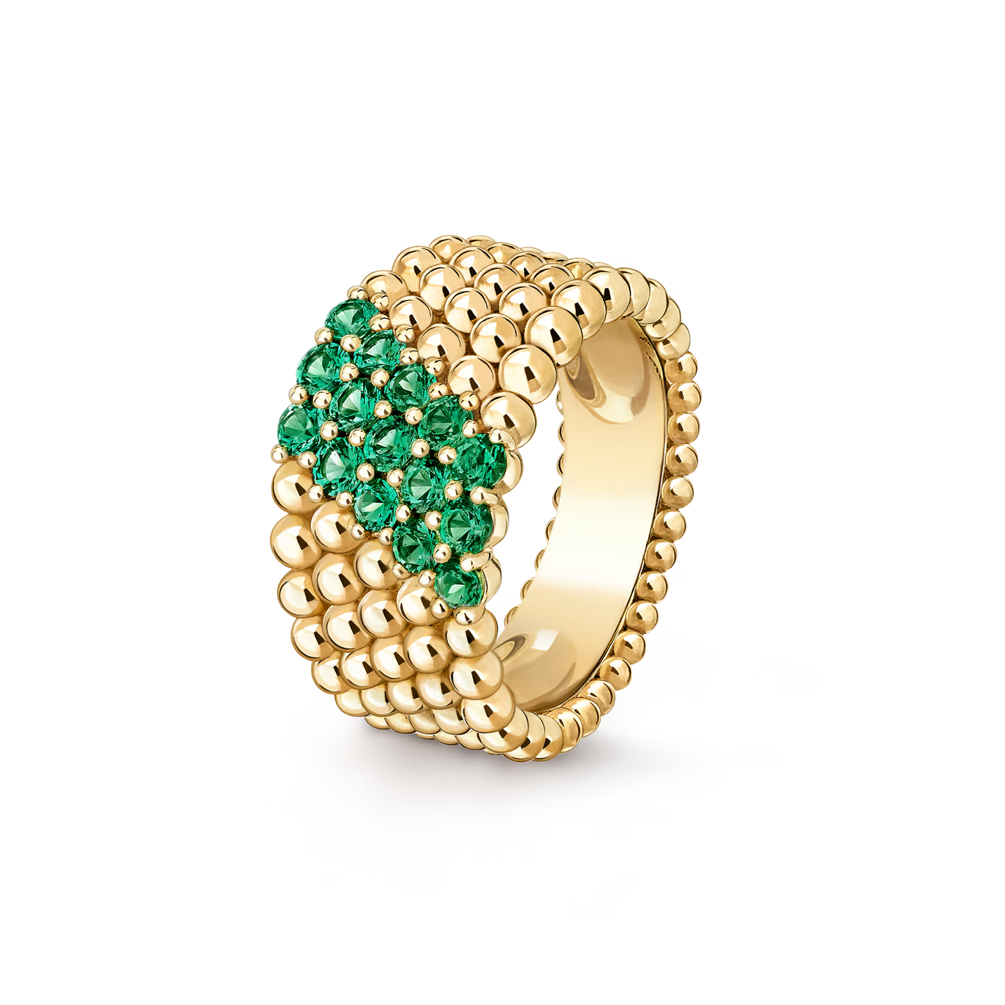 Perlée couleurs ring, 5 rows, 18K yellow gold, round emeralds.