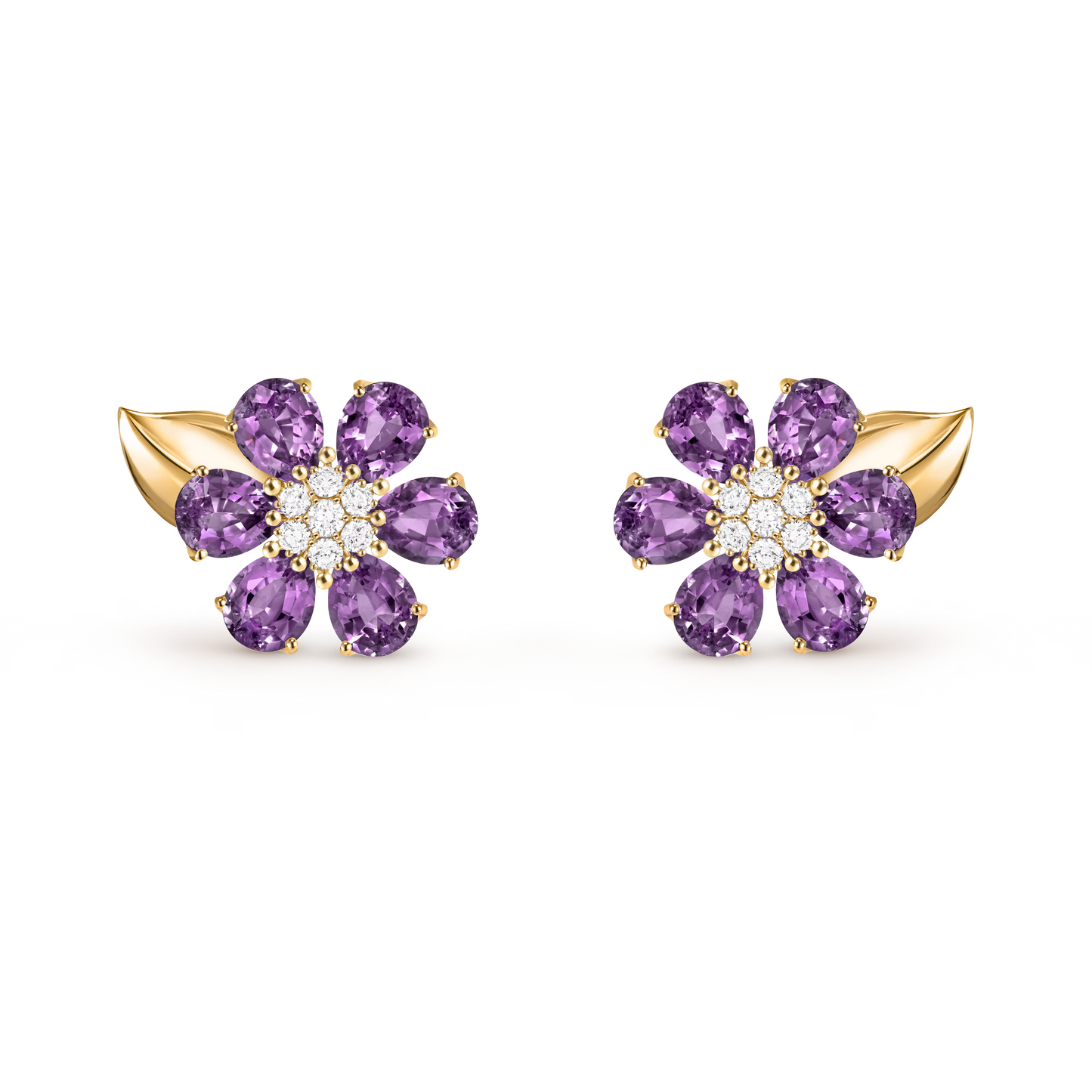 Fleurs d’Hawaï earrings, small model, 18K yellow gold, amethysts, round diamonds.