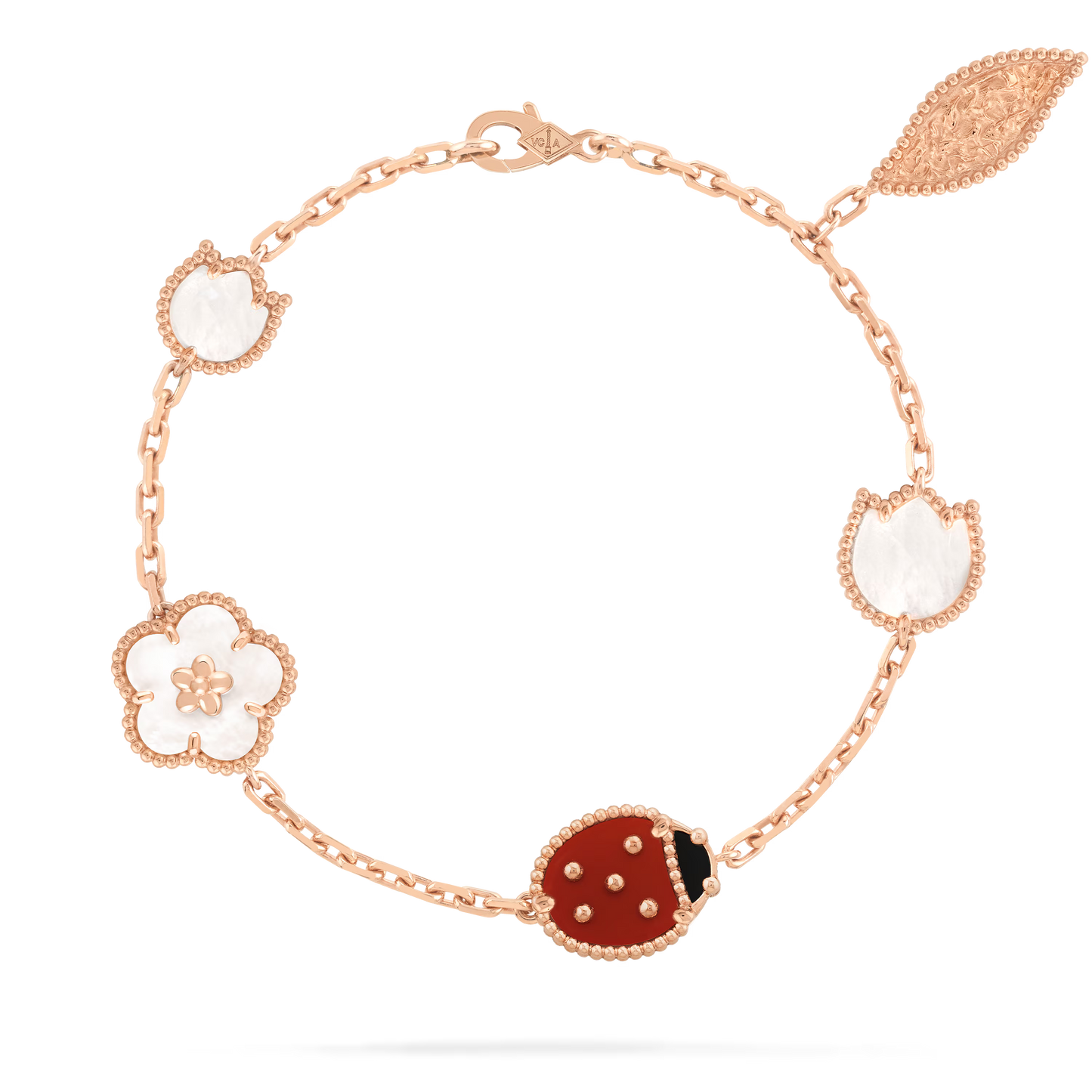 Lucky Spring bracelet, 5 motifs, 18K rose gold, white mother-of-pearl, carnelian, onyx.