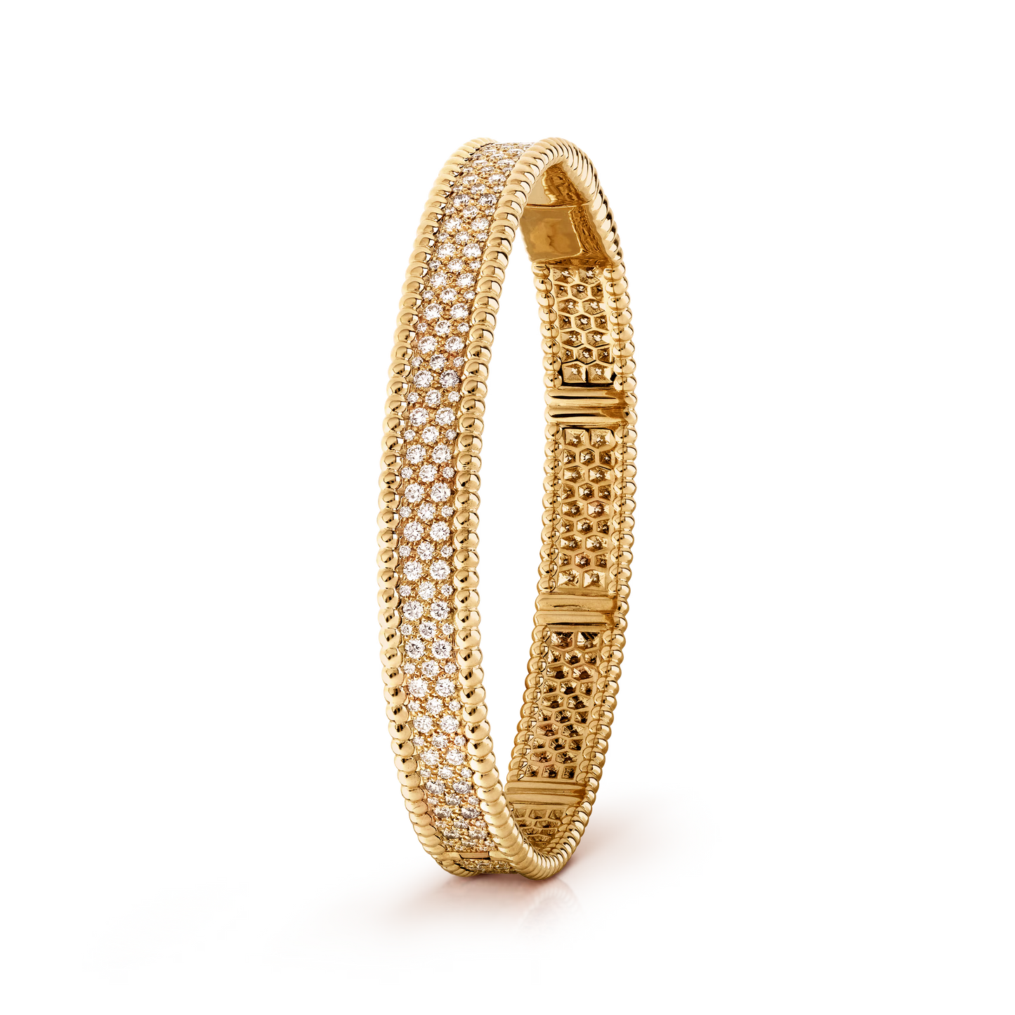 Perlée diamonds bracelet, 3 rows, 18K yellow gold, round diamonds, medium model.