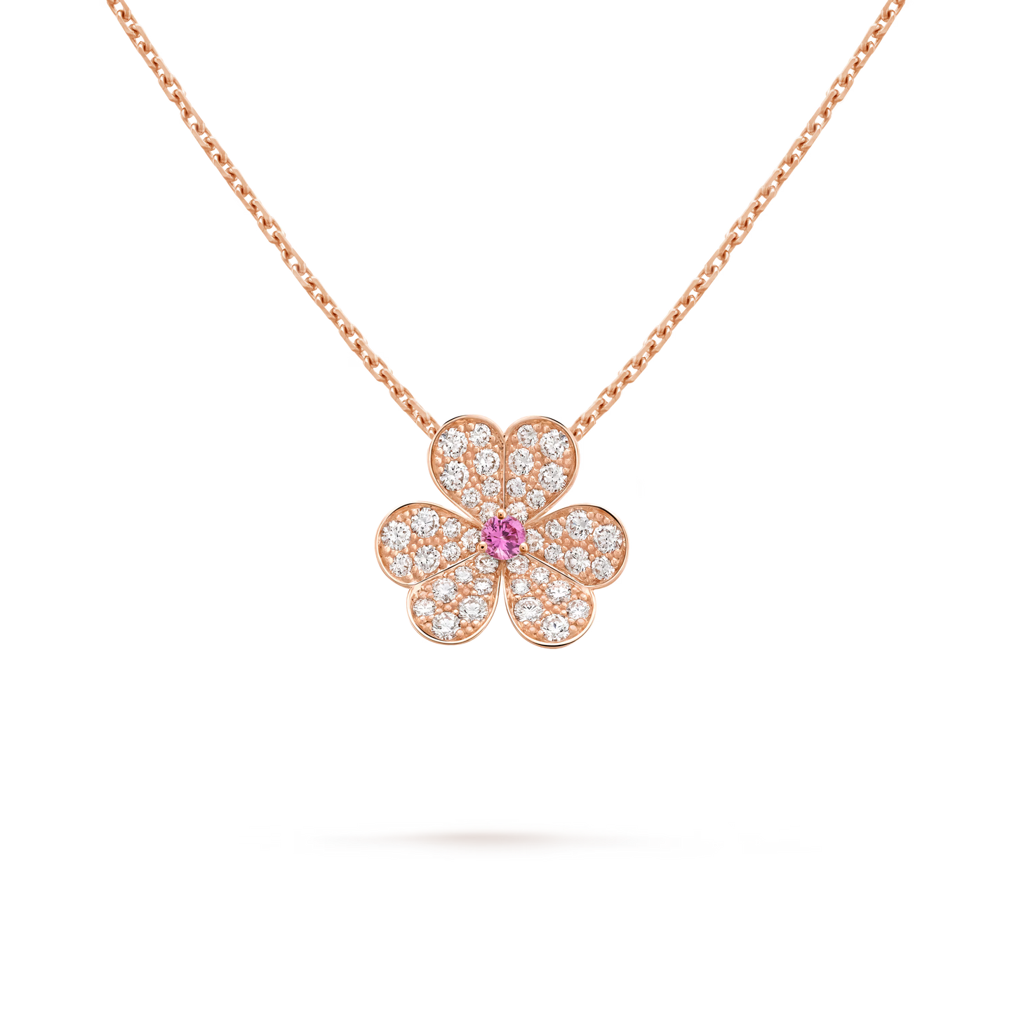 Frivole pendant, small model, 18K rose gold, round pink sapphire, round diamonds.