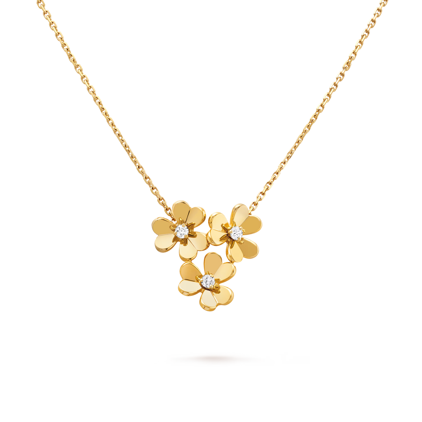 Frivole pendant, 3 flowers, mini model, 18K yellow gold, round diamonds.