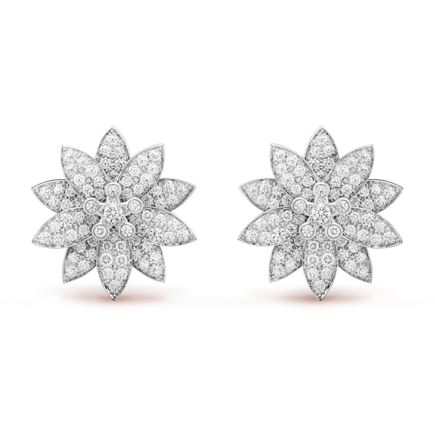 Lotus earrings, medium model, rhodium plated 18K white gold, round diamonds.