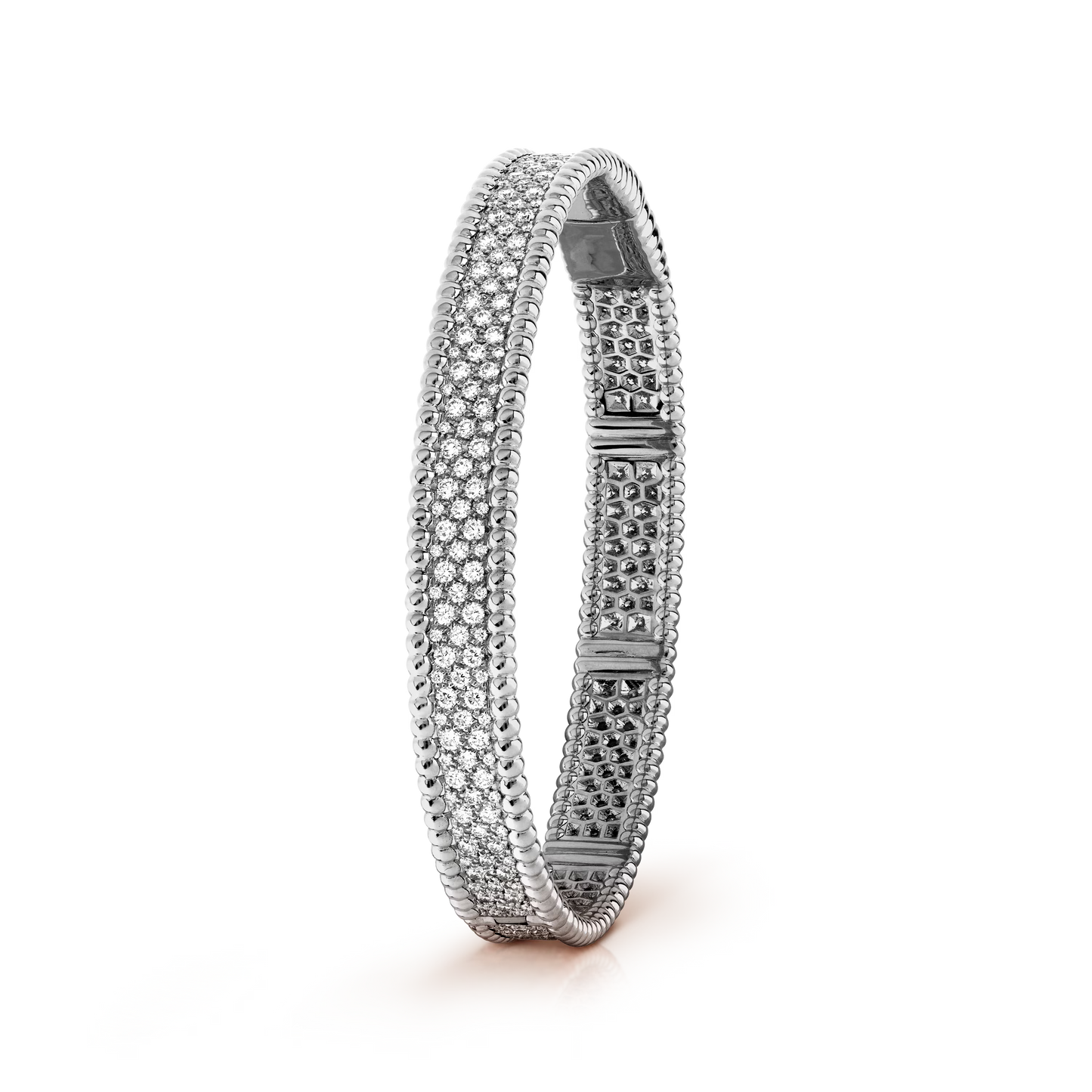 Perlée diamonds bracelet, 3 rows, rhodium plated 18K white gold, round diamonds.