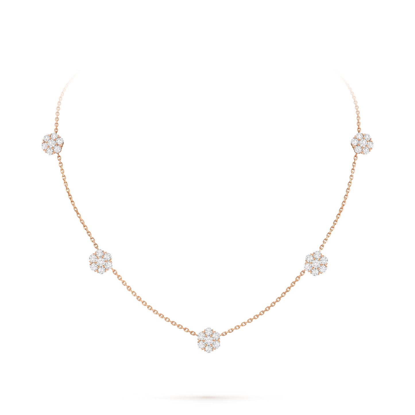 Fleurette necklace, 5 flowers, 18K rose gold, round diamonds.