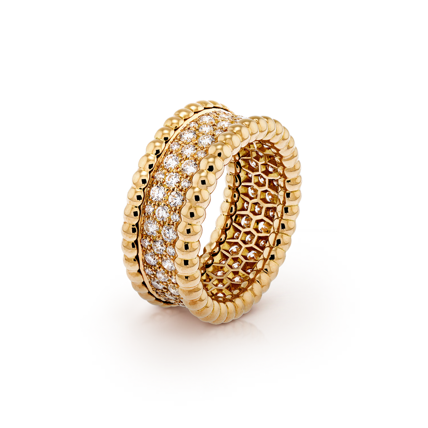 Perlée diamonds ring, 3 rows, 18K yellow gold, round diamonds.