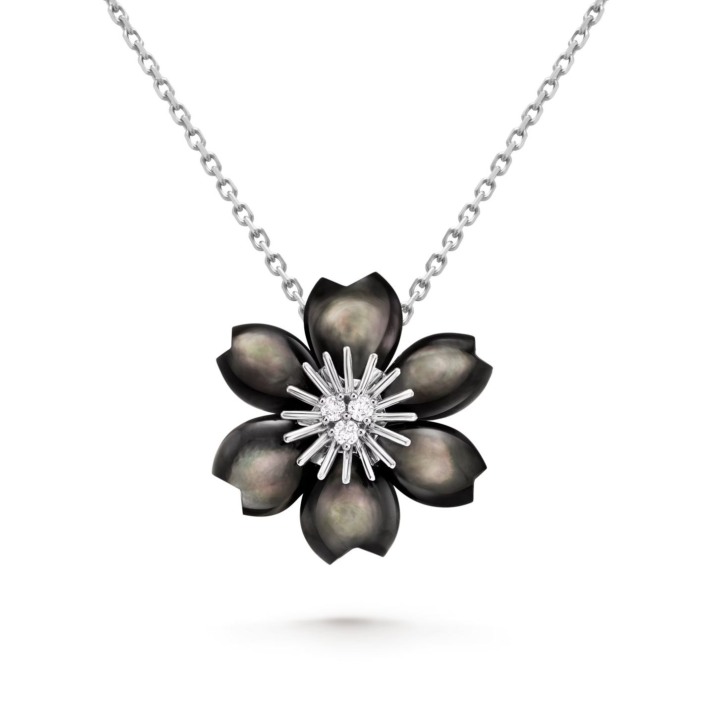 Rose de Noël pendant, mini model, rhodium plated 18K white gold, gray mother-of-pearl, round diamonds.