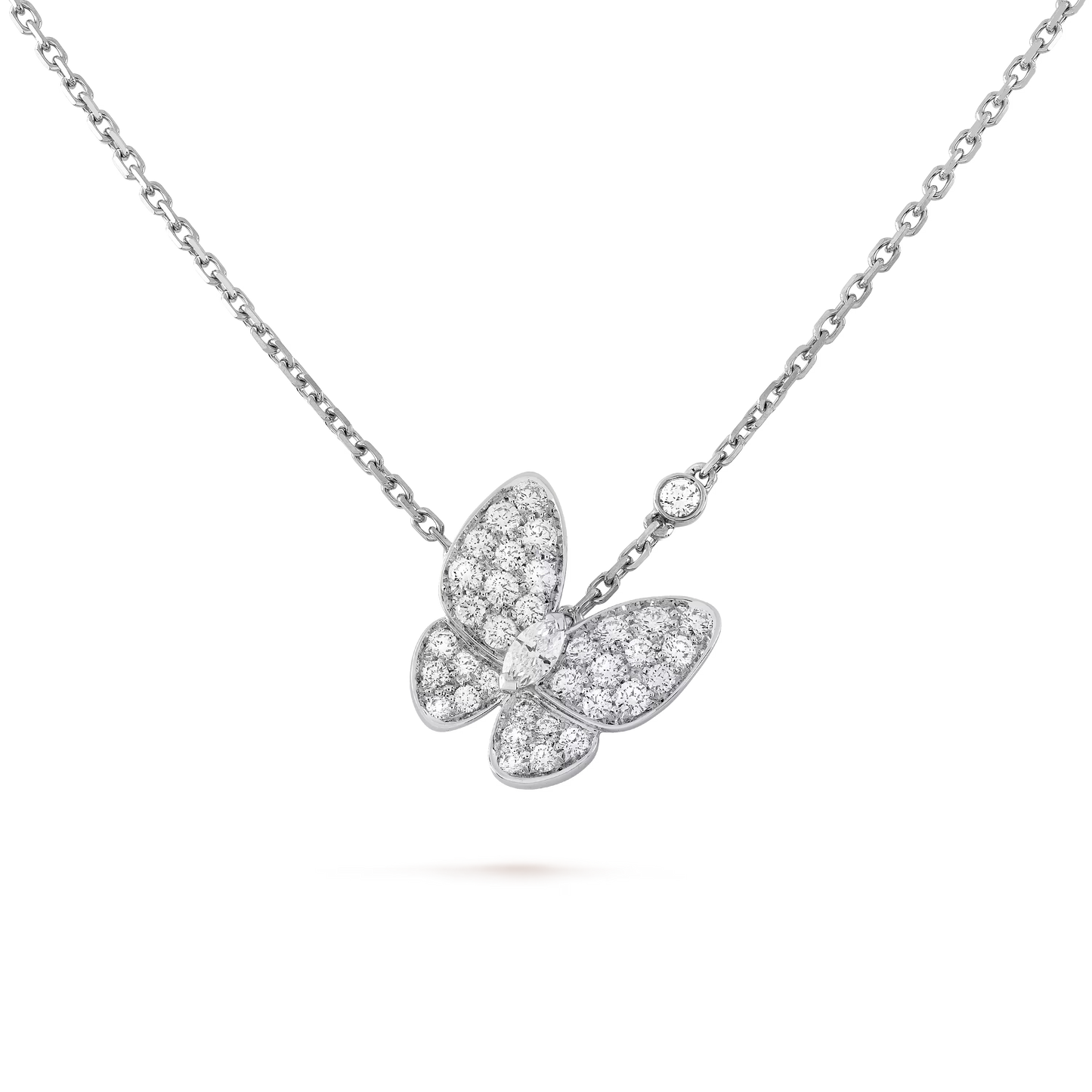 Two Butterfly pendant, rhodium plated 18K white gold, round and marquise-cut diamonds.