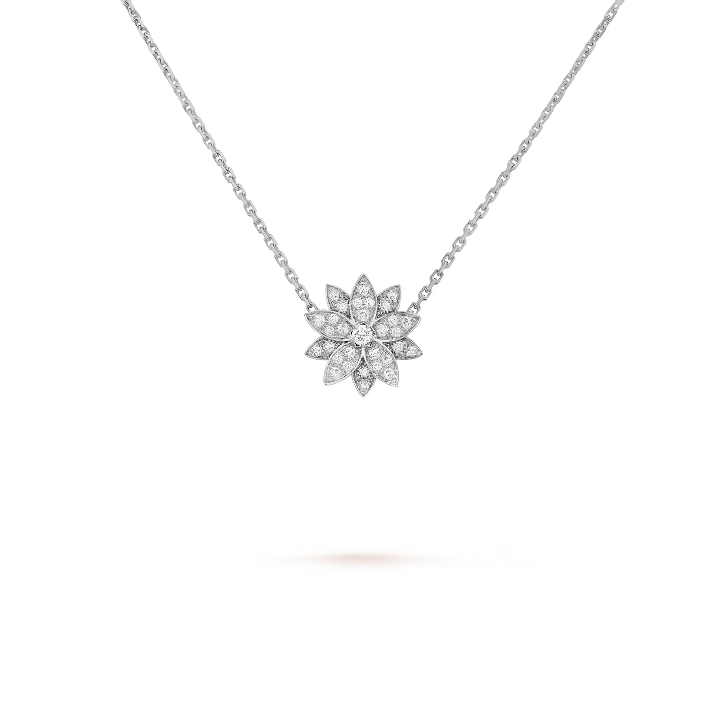 Lotus pendant, small model, rhodium plated 18K white gold, round diamonds.