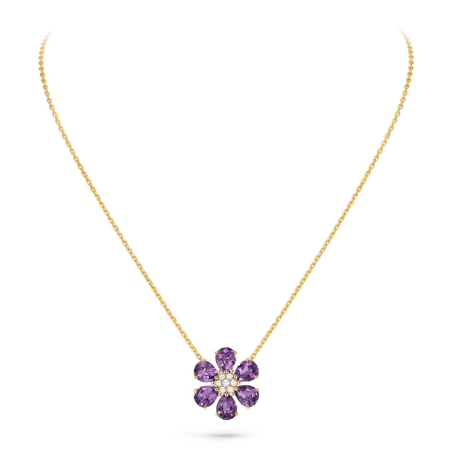 Fleurs d’Hawaï pendant, medium model, 18K yellow gold, amethysts, round diamonds.