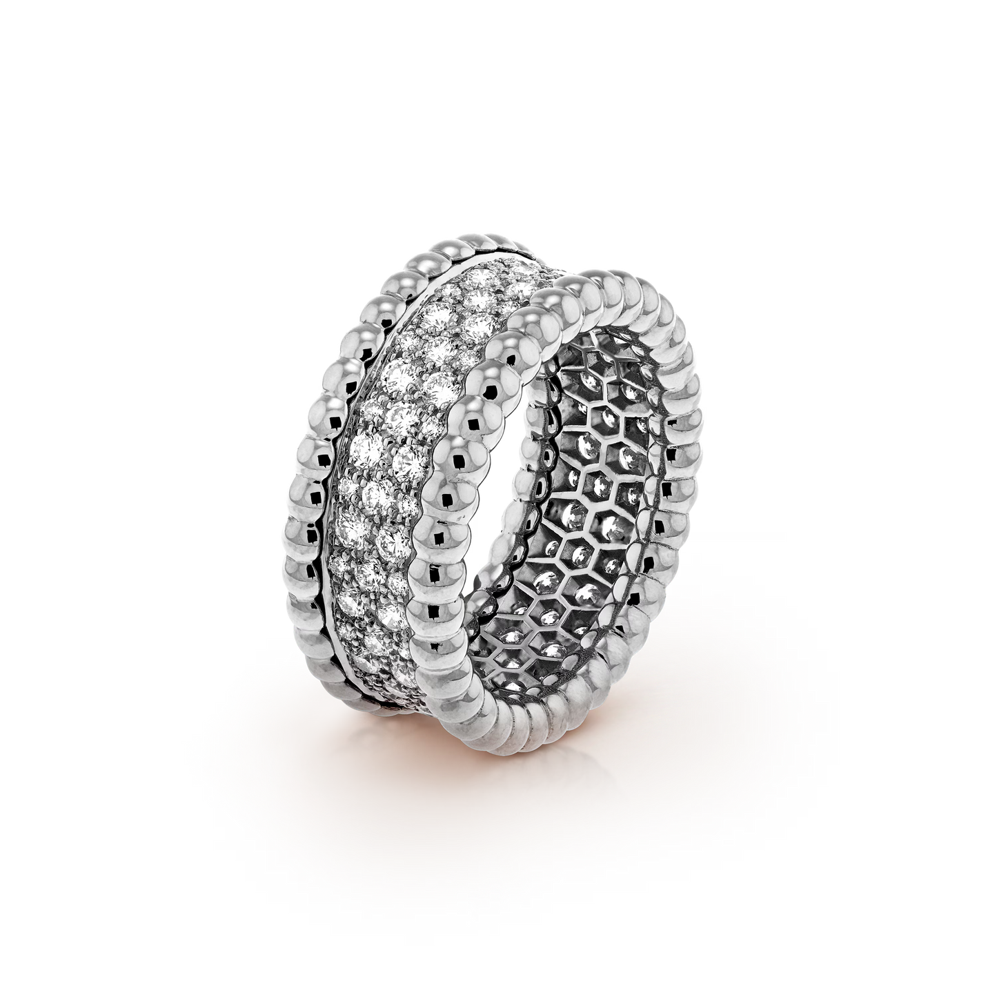 Perlée diamonds ring, 3 rows, rhodium plated 18K white gold, round diamonds.
