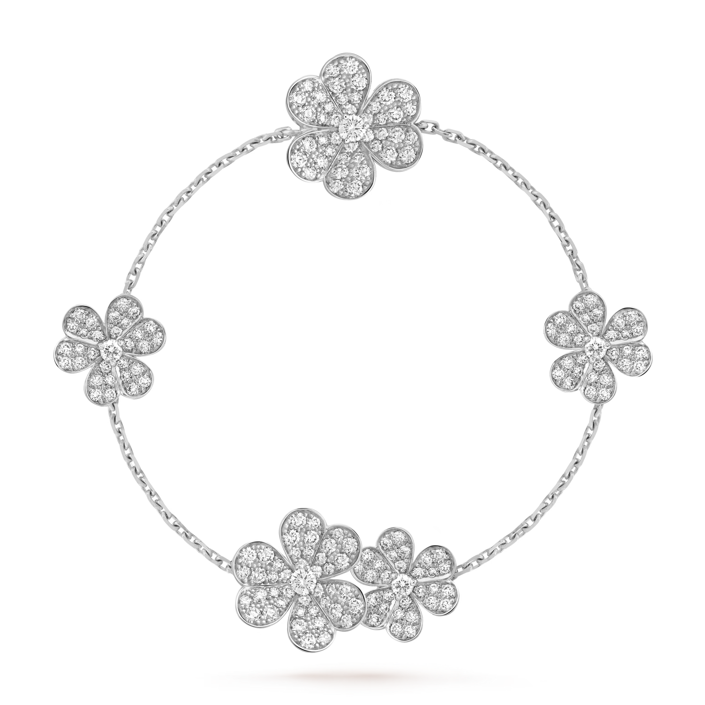 Frivole bracelet, 5 flowers, rhodium plated 18K white gold, round diamonds.