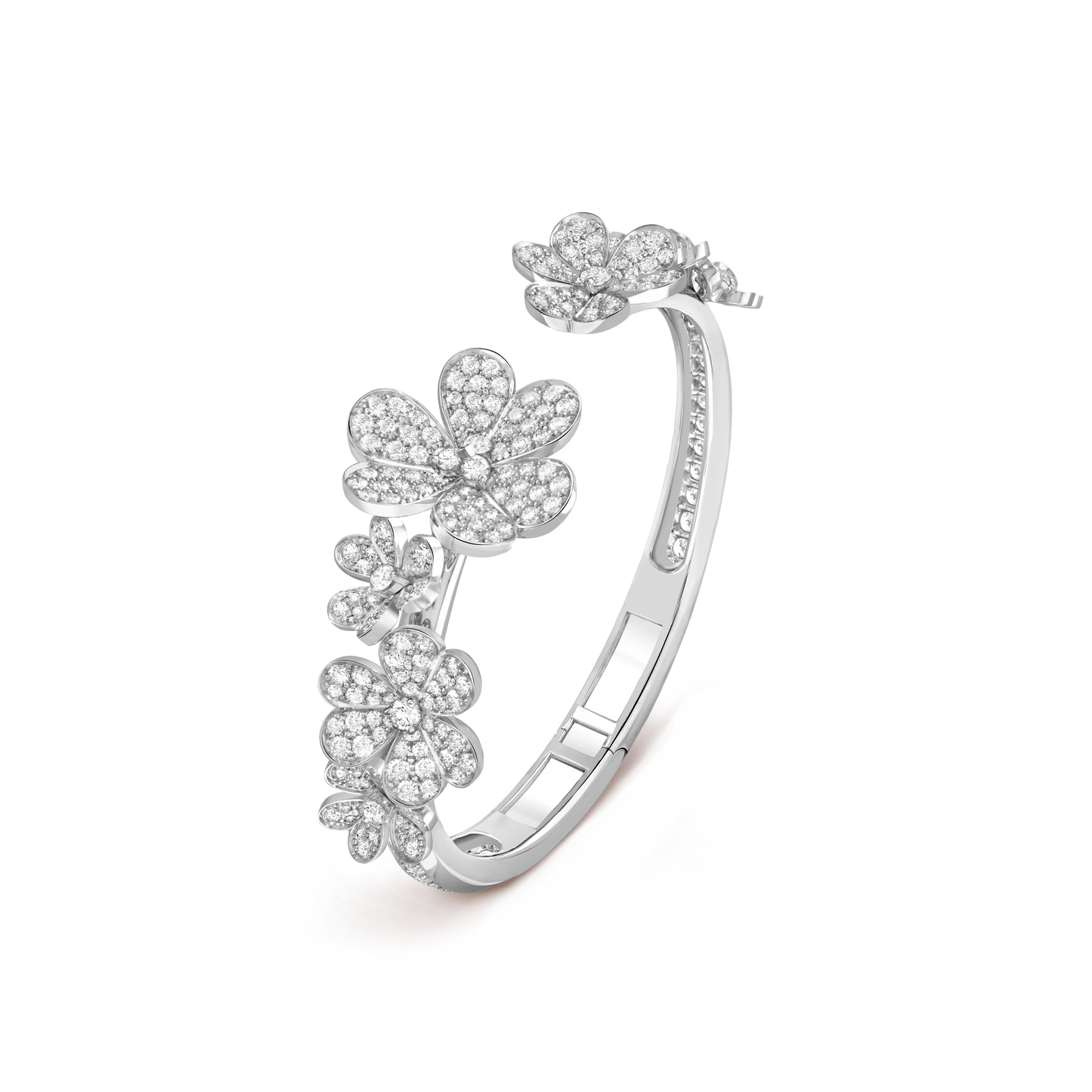 Frivole bracelet, 7 flowers, rhodium-plated 18K white gold, round diamonds, medium model.