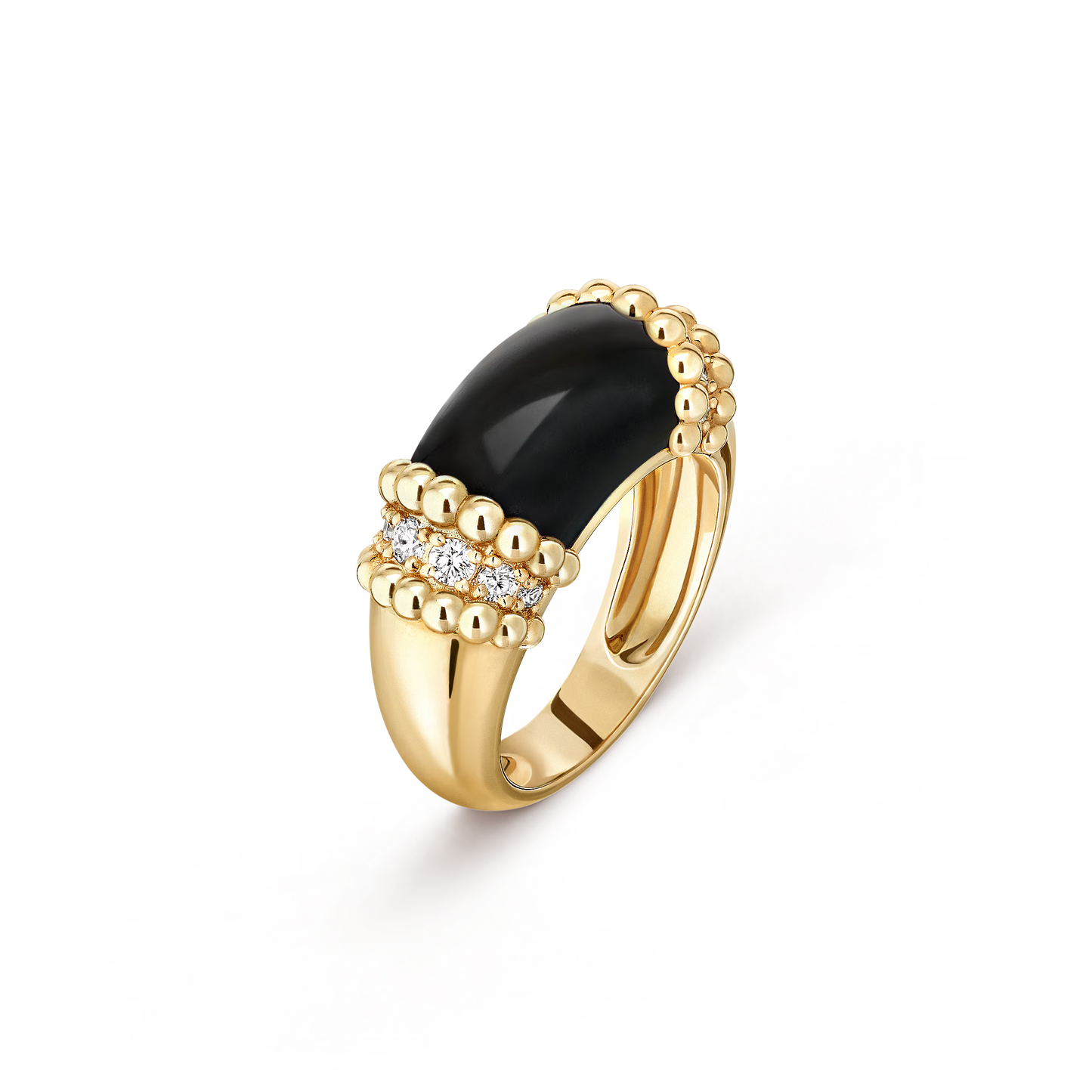 Perlée couleurs ring, 18K yellow gold, onyx, round diamonds.