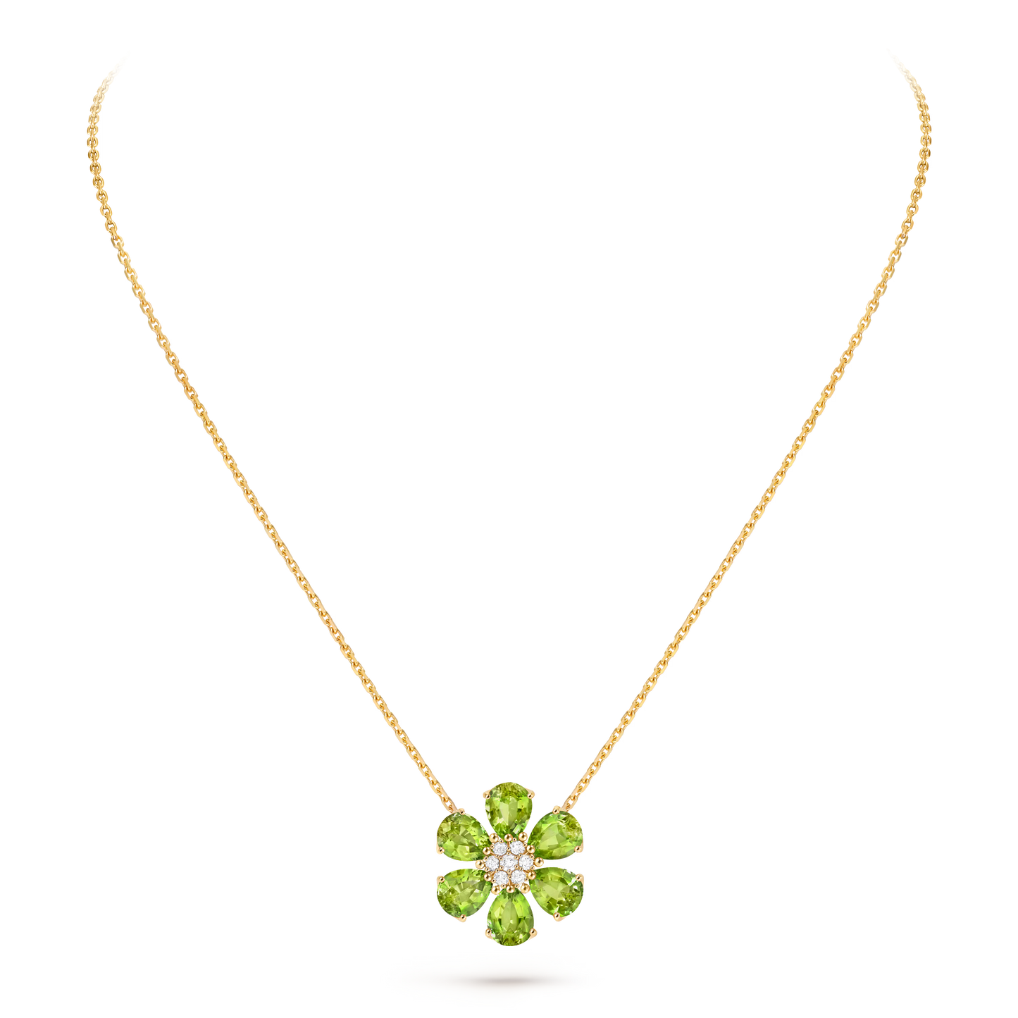 Fleurs d’Hawaï pendant, medium model, 18K yellow gold, peridots, round diamonds.