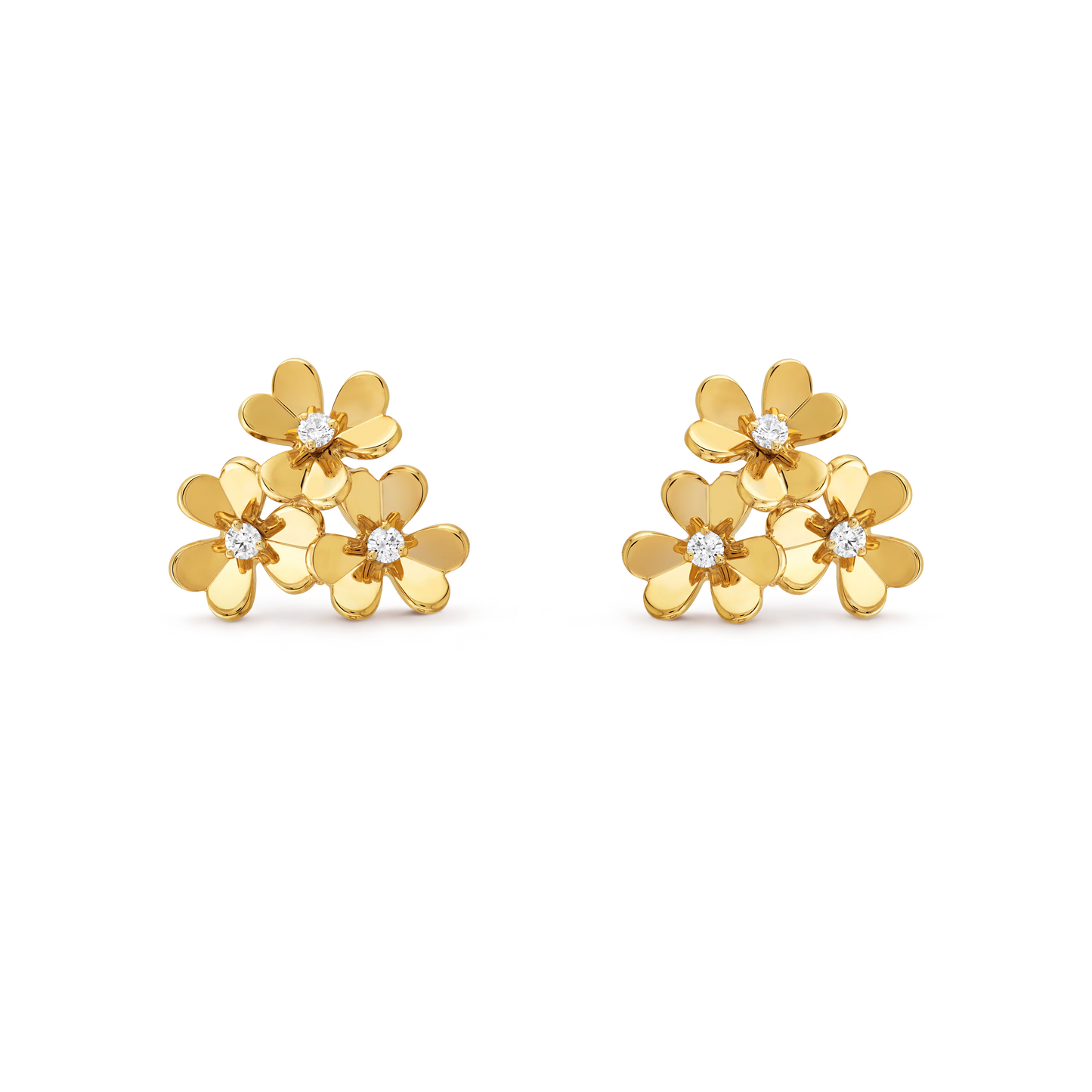 Frivole earrings, 3 flowers, mini model, 18K yellow gold, round diamonds.