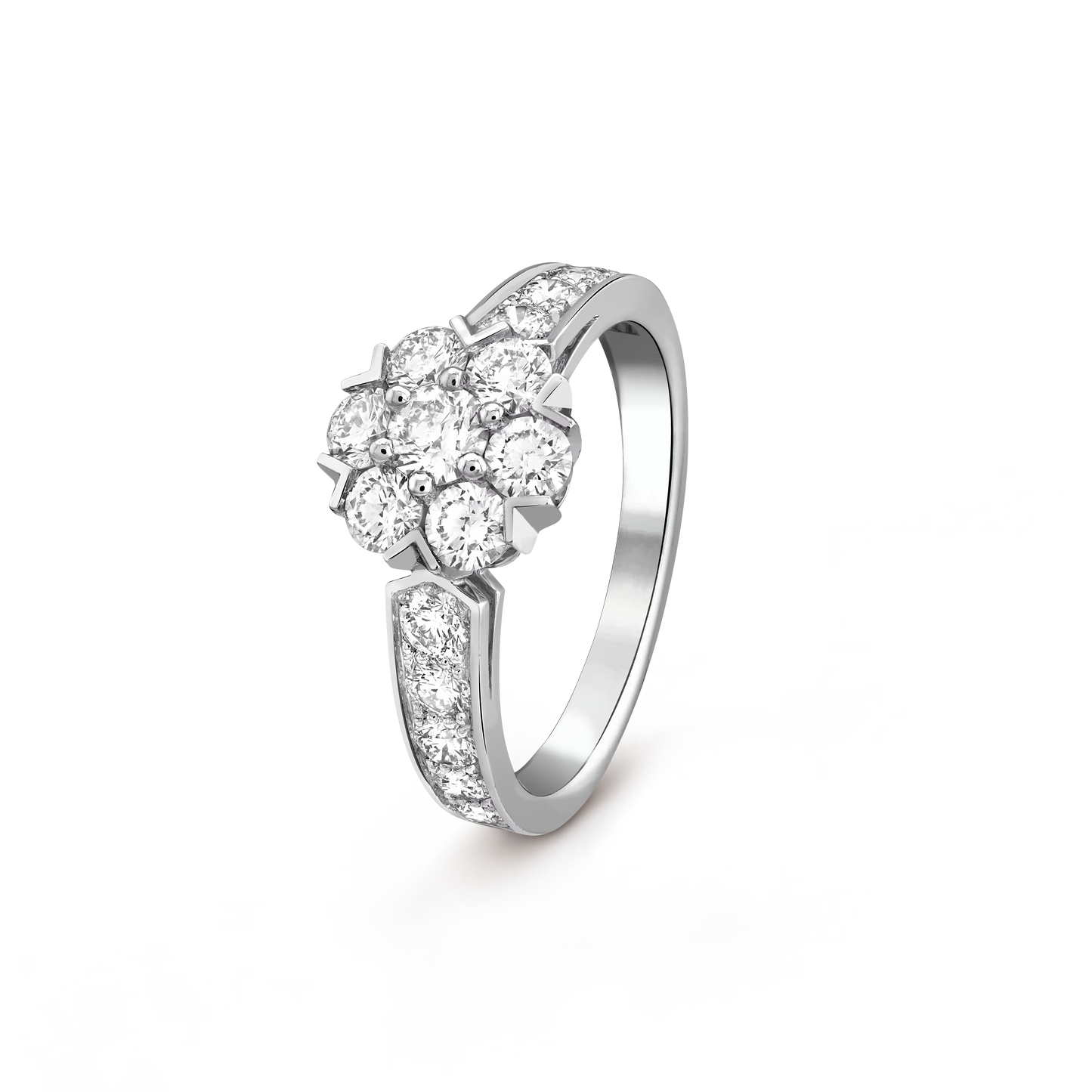 Fleurette ring, rhodium plated 18K white gold, round diamonds.