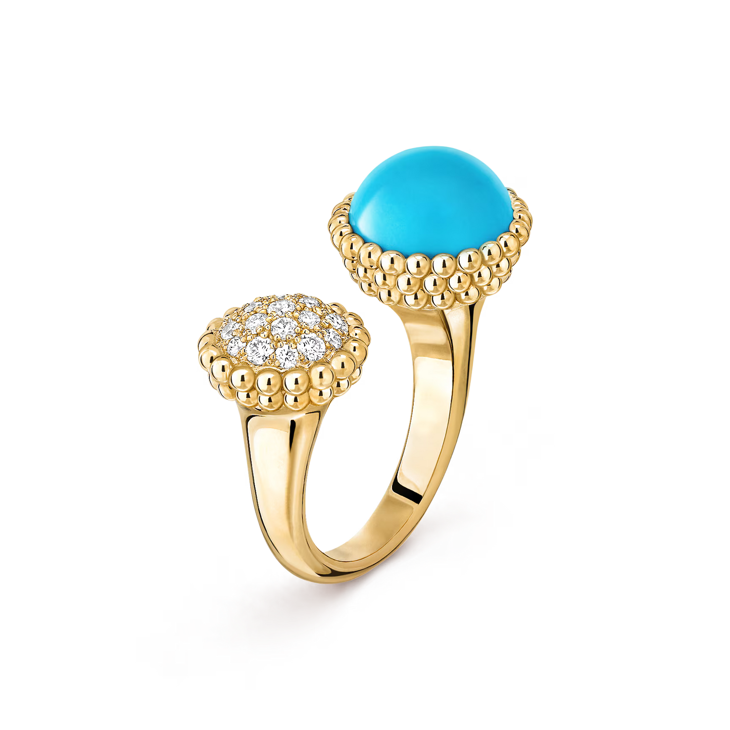 Perlée couleurs Between the Finger ring, 18K yellow gold, turquoise, round diamonds.