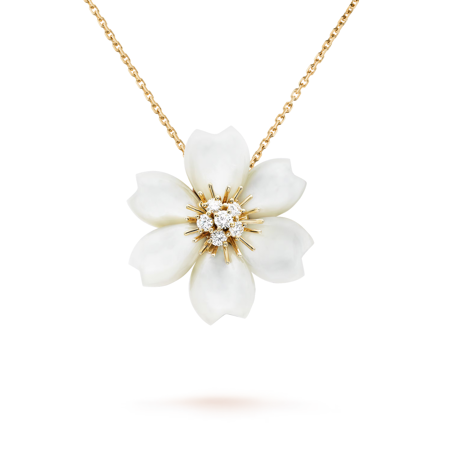 Rose de Noël clip pendant, small model, 18K yellow gold, white mother-of-pearl, round diamonds.