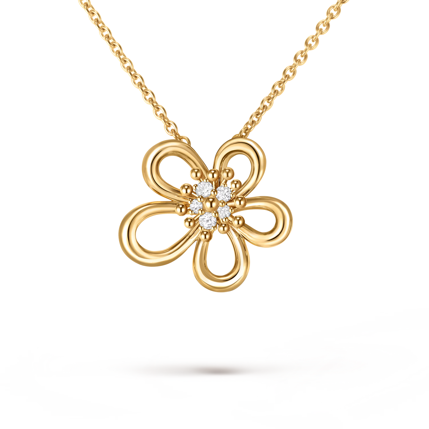 Flowerlace pendant, small model, yellow gold, round diamonds.