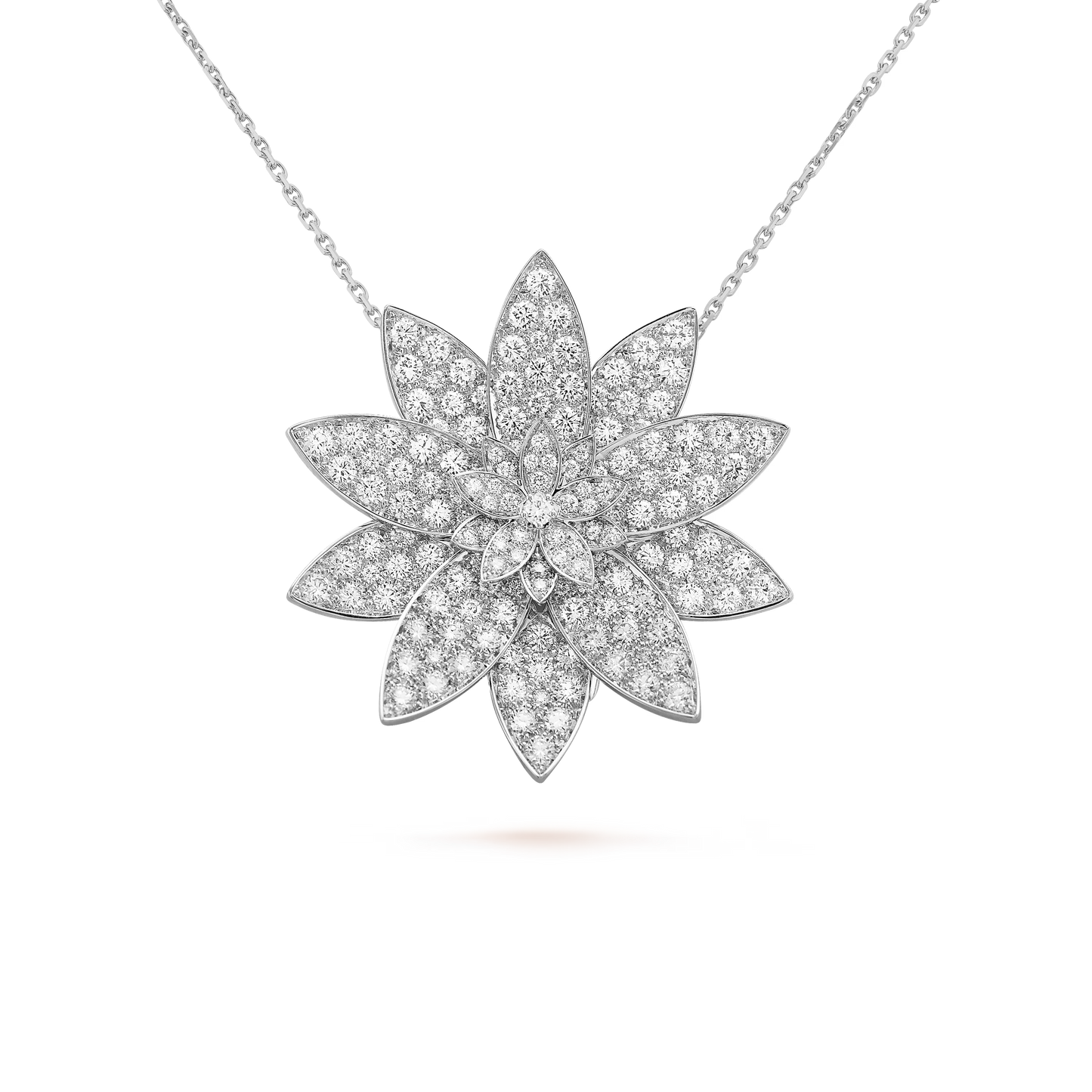 Lotus clip pendant, large model, rhodium plated 18K white gold, round diamonds.