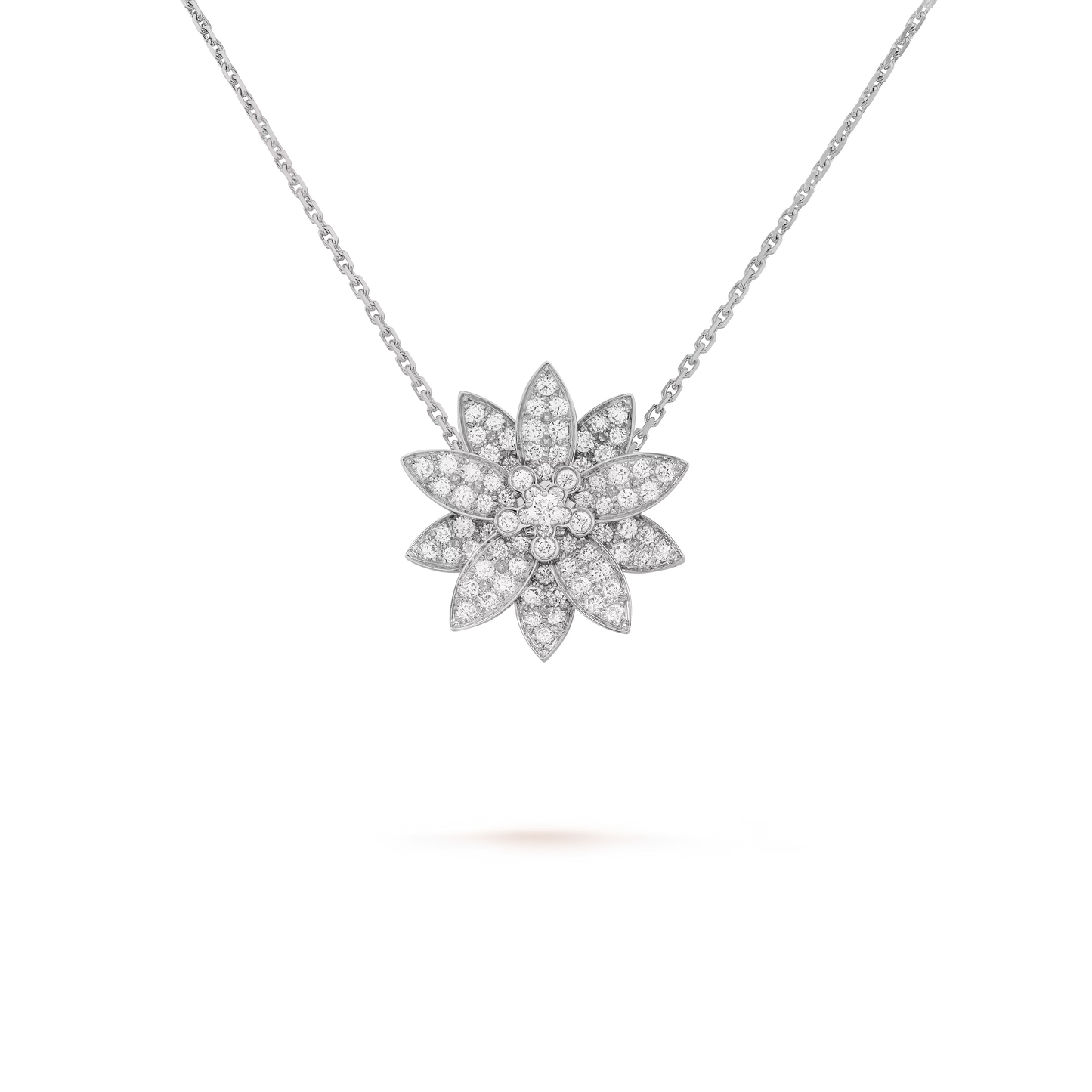Lotus clip pendant, medium model, rhodium plated 18K white gold, round diamonds.