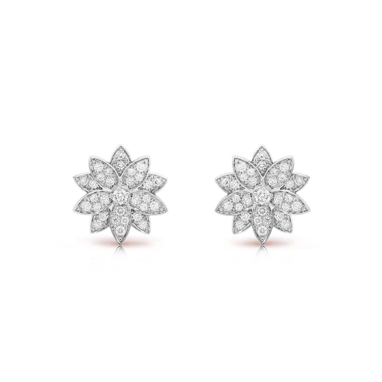 Lotus earrings, small model, rhodium plated 18K white gold, round diamonds.