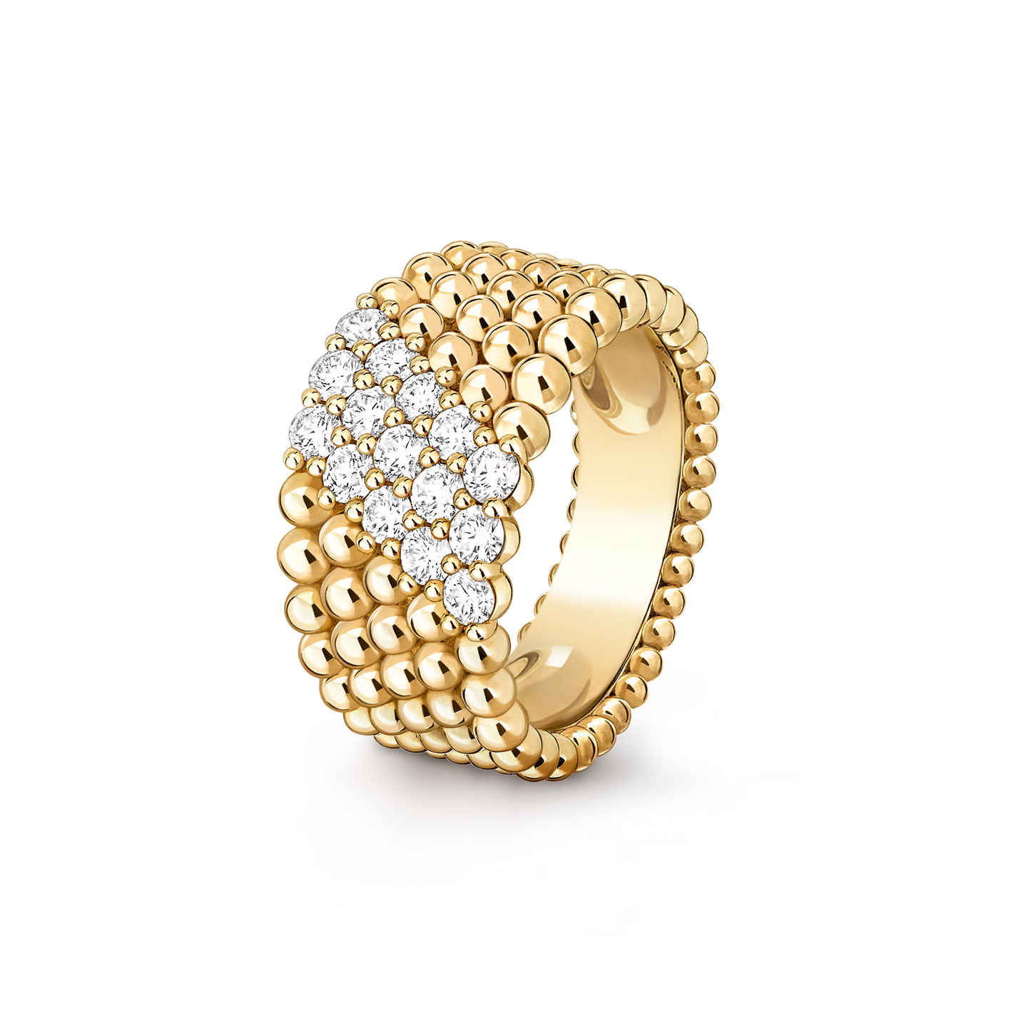 Perlée diamonds ring, 5 rows, 18K yellow gold, round diamonds.