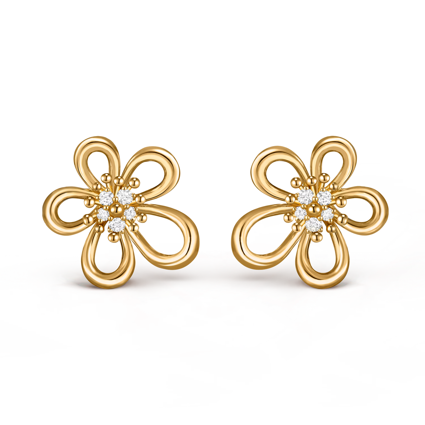 Flowerlace earrings, small model, yellow gold, round diamonds.