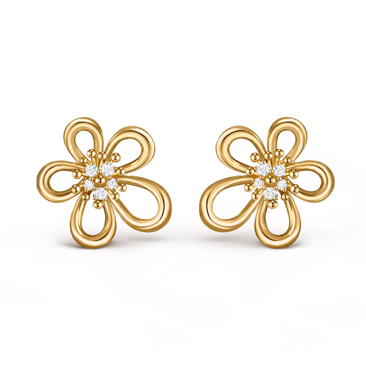 Flowerlace earrings, small model, yellow gold, round diamonds.