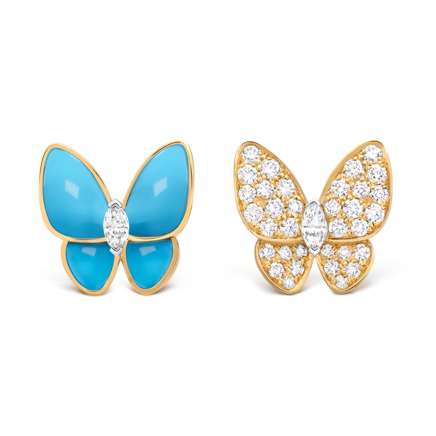 Two Butterfly earrings, 18K yellow gold, turquoise, rhodium plated 18K white gold, round and marquise-cut diamonds.