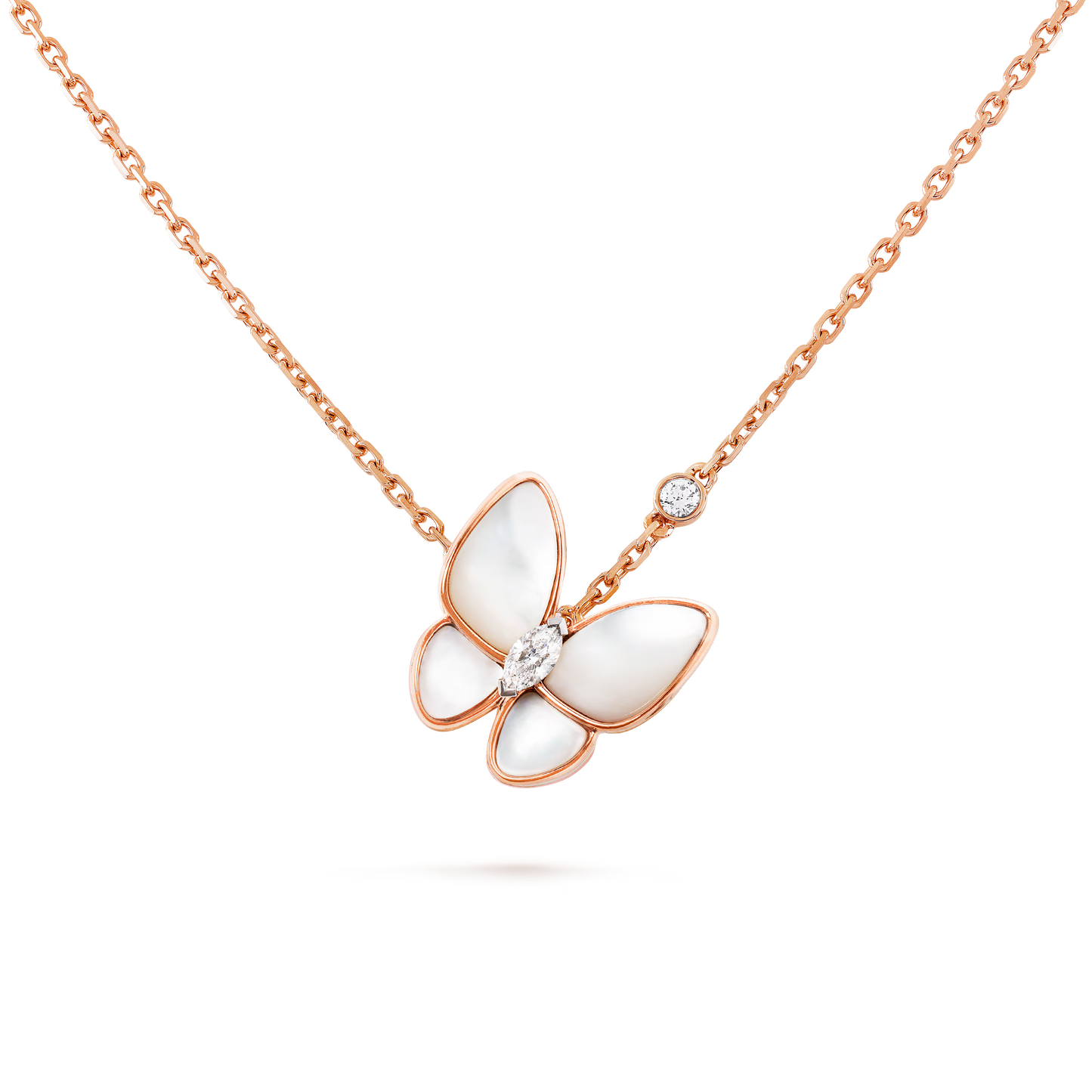 Two Butterfly pendant, 18K rose gold, white mother-of-pearl, rhodium plated 18K white gold, round and marquise diamond.