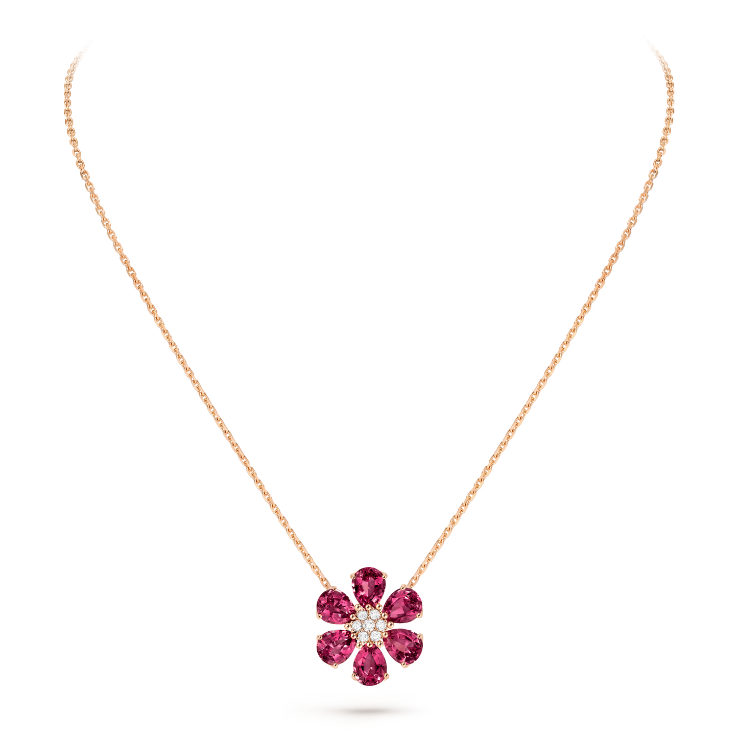 Fleurs d’Hawaï pendant, medium model, 18K rose gold, rhodolites, round diamonds.