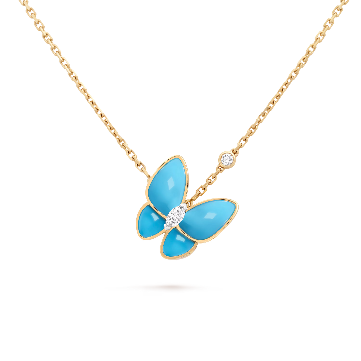 Two Butterfly pendant, 18K yellow gold, turquoise, rhodium plated 18K white gold,round and marquise-cut diamond.