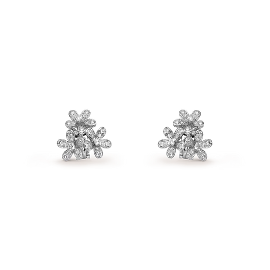 Socrate earrings, 3 flowers, rhodium plated 18K white gold, round diamonds.
