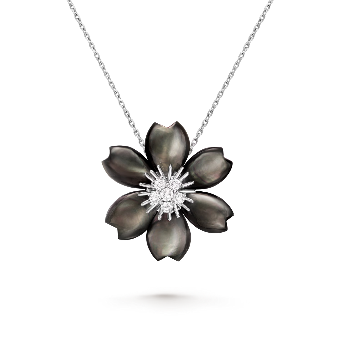 Rose de Noël clip pendant, small model, rhodium plated 18K white gold, gray mother-of-pearl, round diamonds.