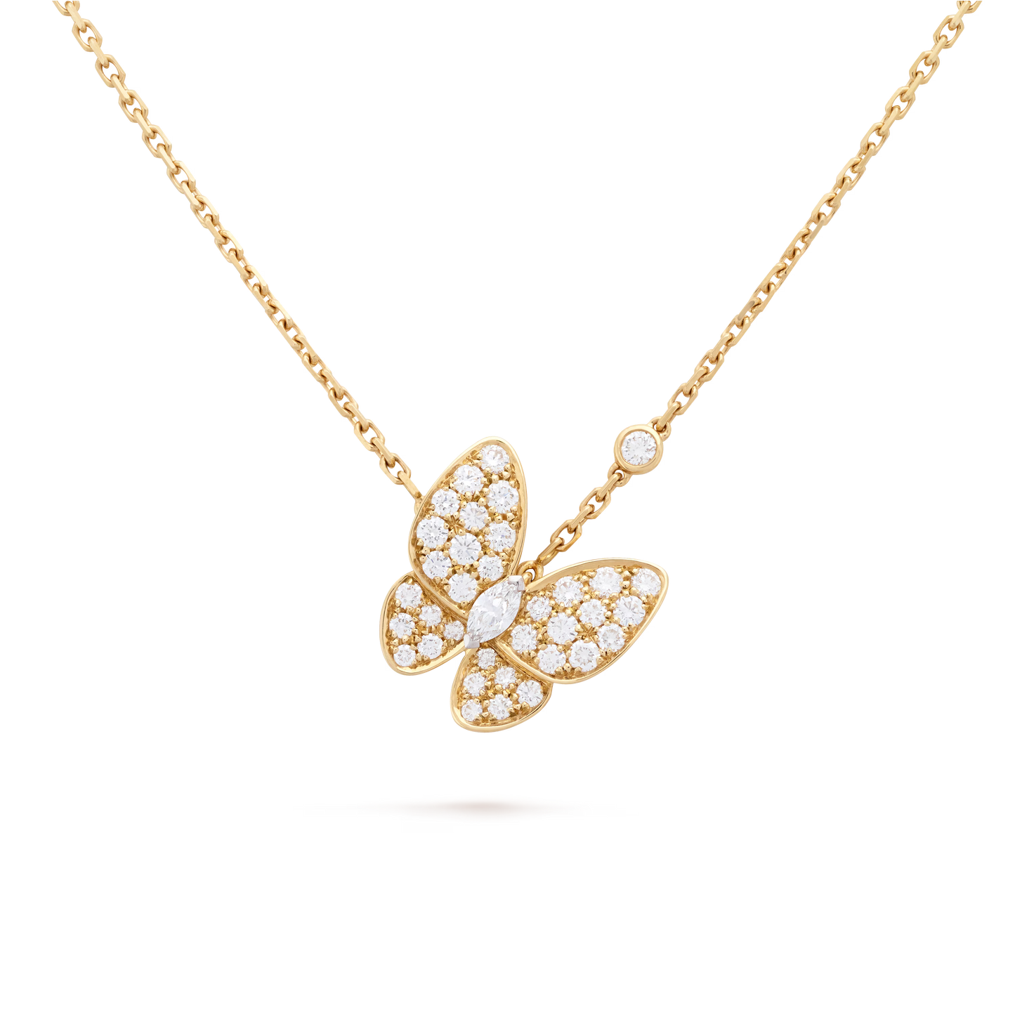Two Butterfly pendant, 18K yellow gold, round diamonds, rhodium plated 18K white gold, marquise-cut diamonds.