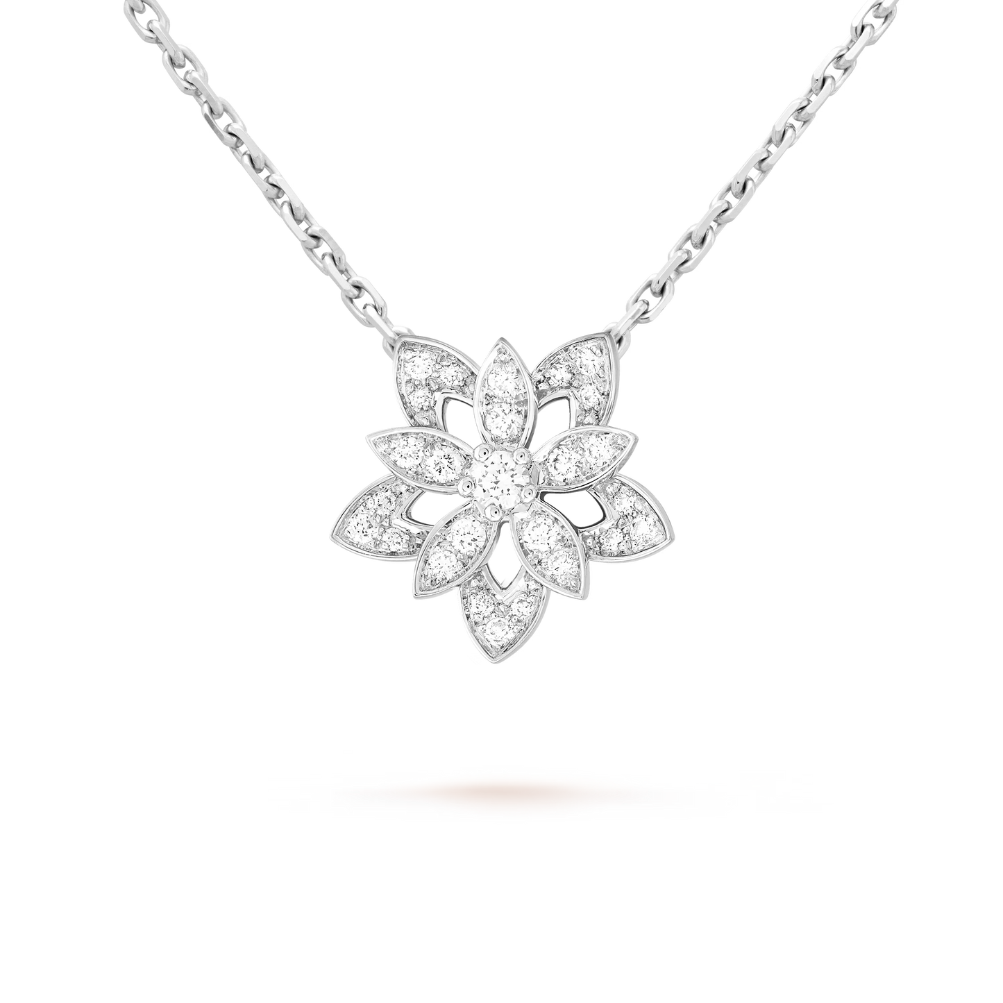 Lotus openwork pendant, mini model, rhodium plated 18K white gold, round diamonds.