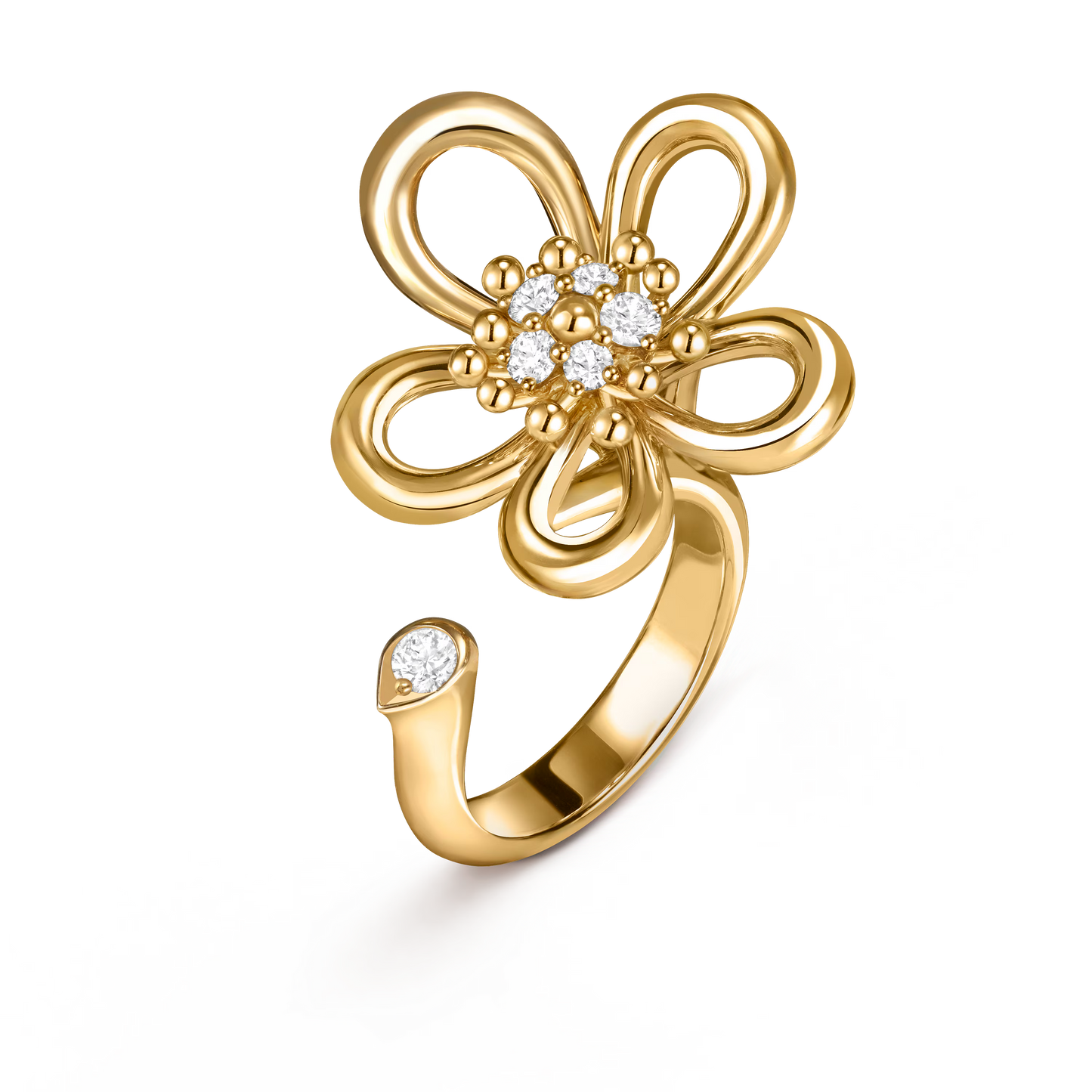 Flowerlace Between the Finger ring, small model, yellow gold, round diamonds