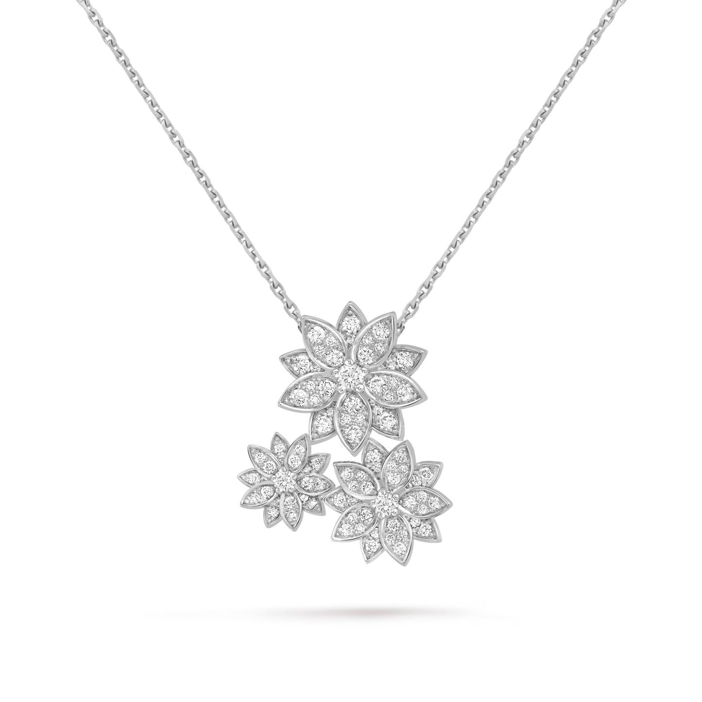Lotus pendant, 3 flowers, rhodium plated 18K white gold, round diamonds