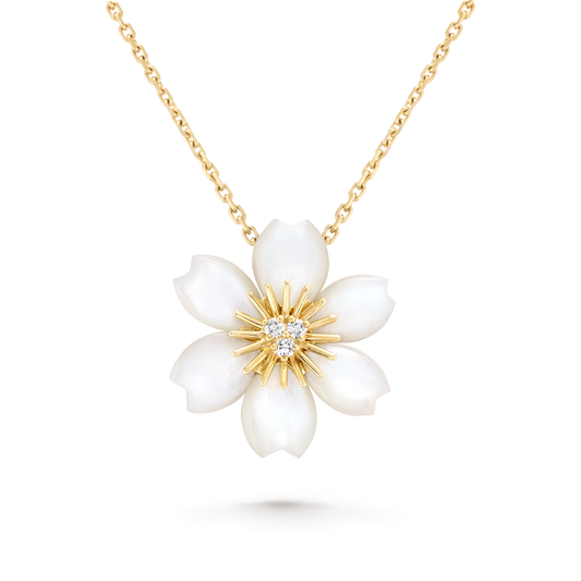 Rose de Noël pendant, mini model, 18K yellow gold, white mother-of-pearl, round diamonds.