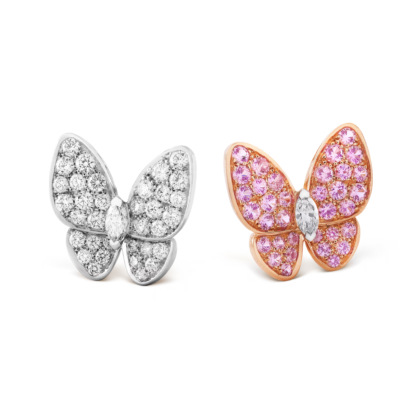 Two Butterfly earrings, 18K rose gold, round pink sapphires, rhodium plated 18K white gold, round and marquise-cut diamonds.